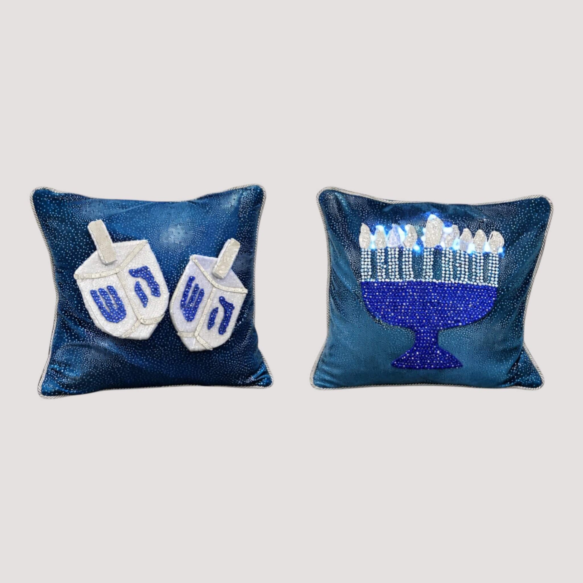 Hanukkah decorative pillow set dreidel and lighted menorah handmade set of 2 by DWcraftworks
