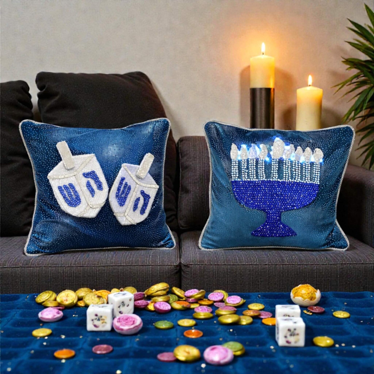 Hanukkah decorative pillows handmade close-up showing premium materials and details
