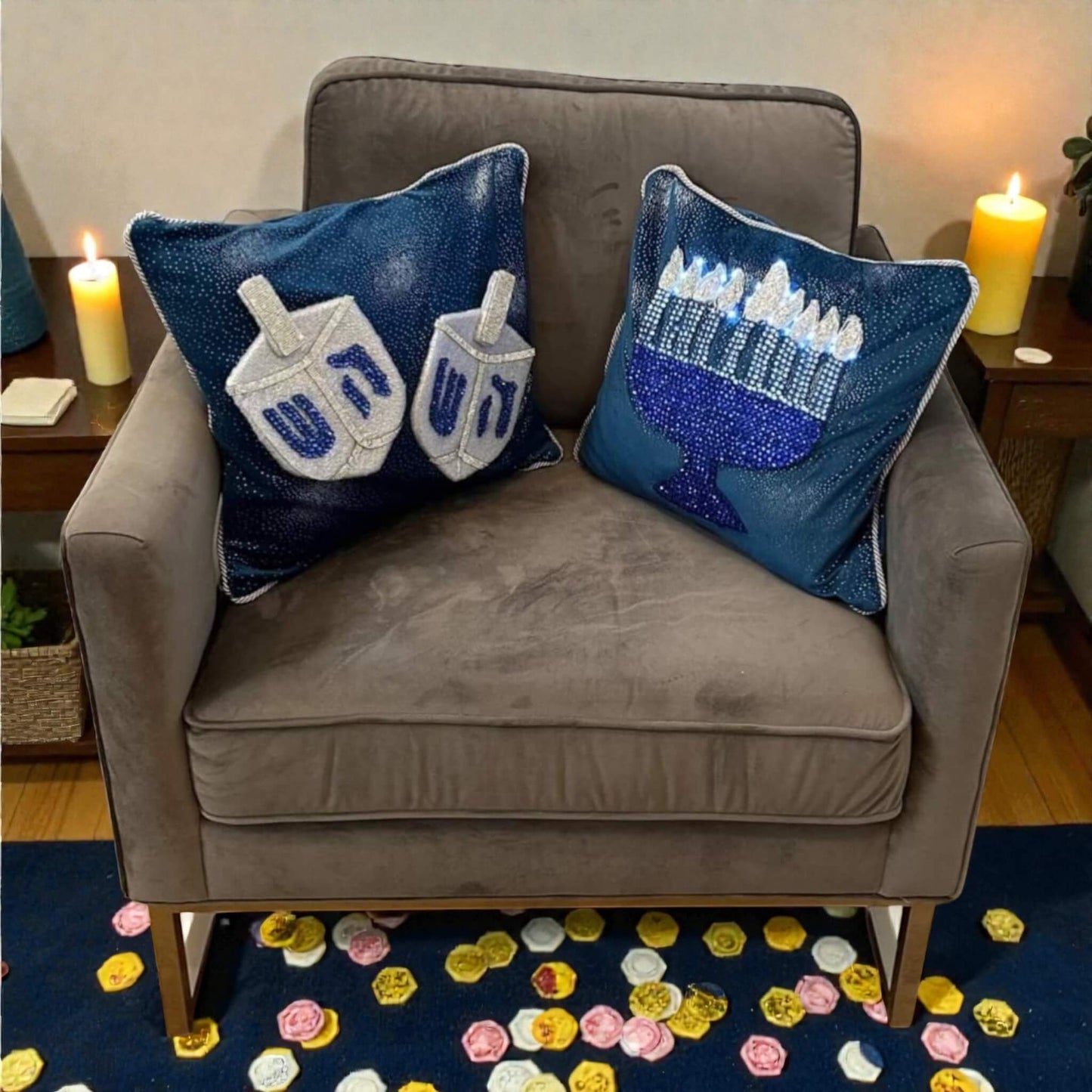 Hanukkah decorative pillow set dreidel and lighted menorah designs festive home decor
