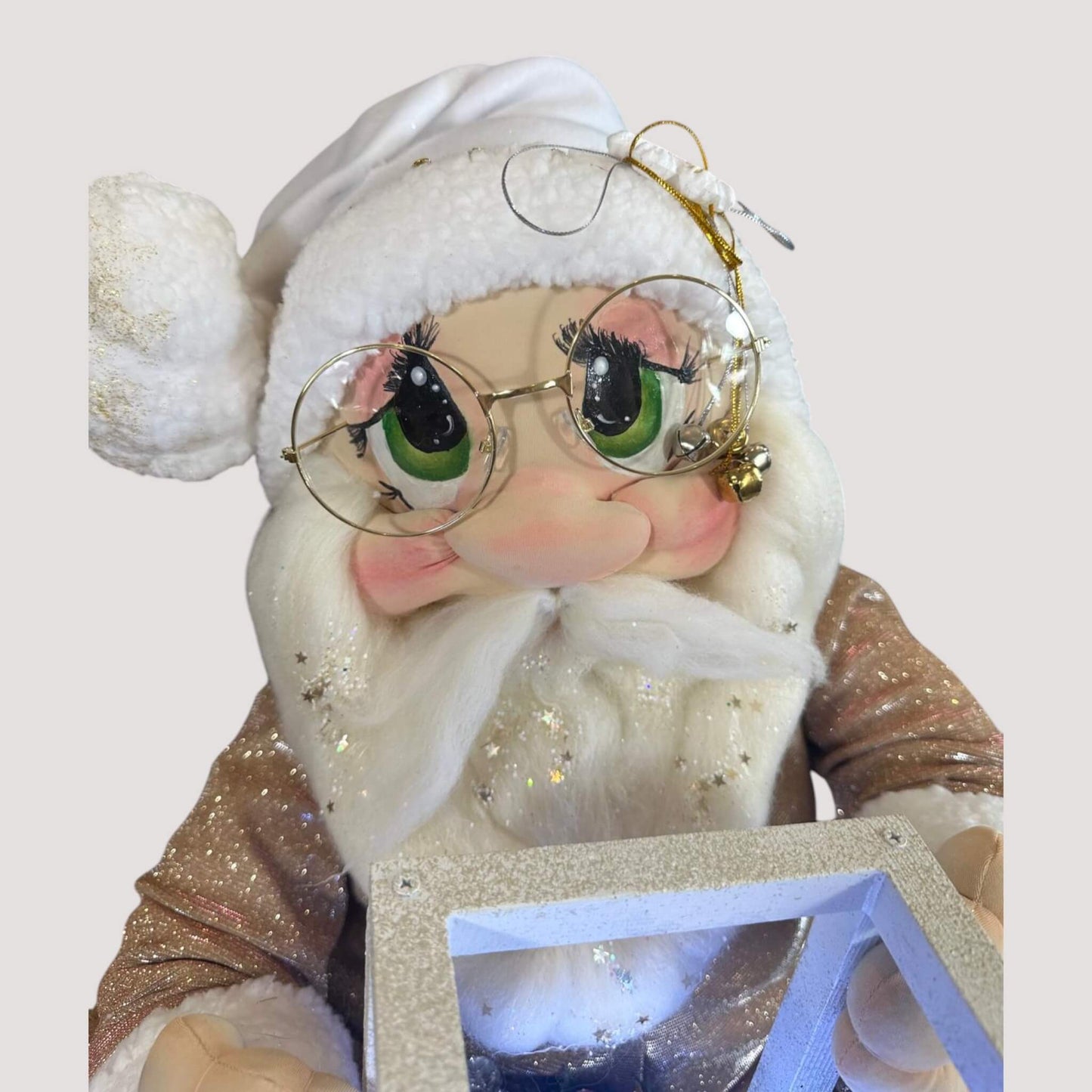 Christmas Santa with wooden lamp handmade close-up showing premium details
