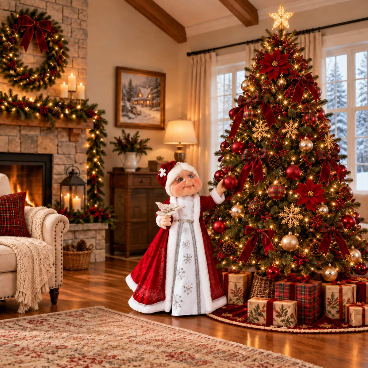 Mrs. Claus standing beside a taller decorated Christmas tree and touching a red ornament.