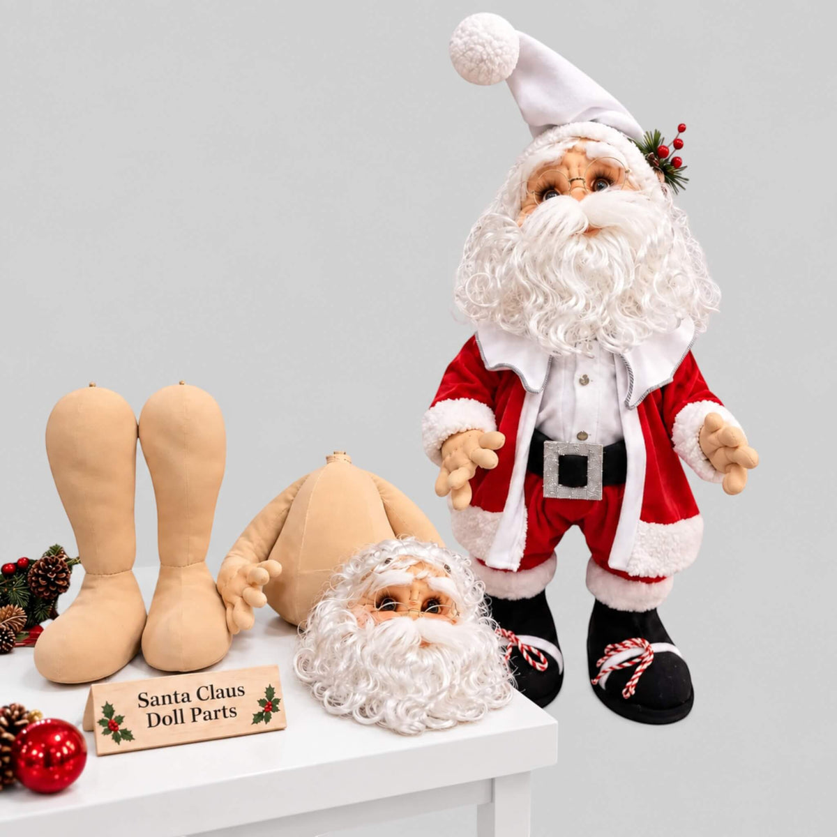 Full-length side view of handmade Santa Claus wearing a red suit, white hat, and black boots.