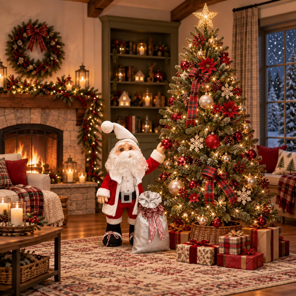 Santa Claus touching an ornament on a Christmas tree, with a silver gift sack beside him.
