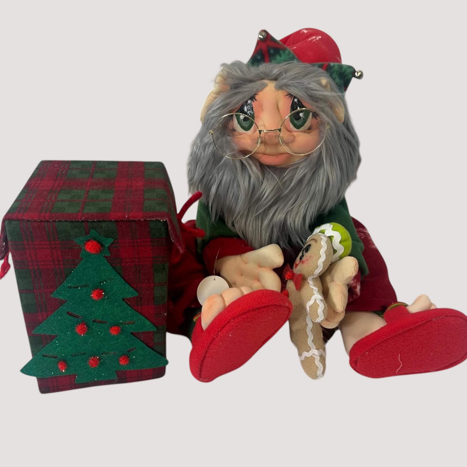 Christmas elf handmade close-up showing removable head and decorative seat box premium quality
