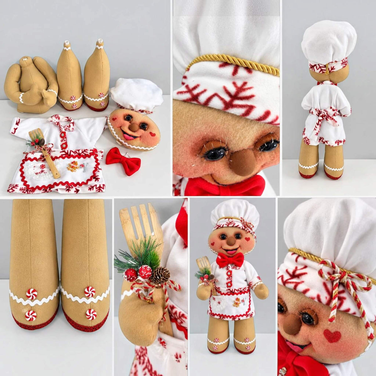 Handmade 35-inch removable Christmas Gingerbread Baker decoration showing front, back, removable parts, clothing, and handcrafted details.