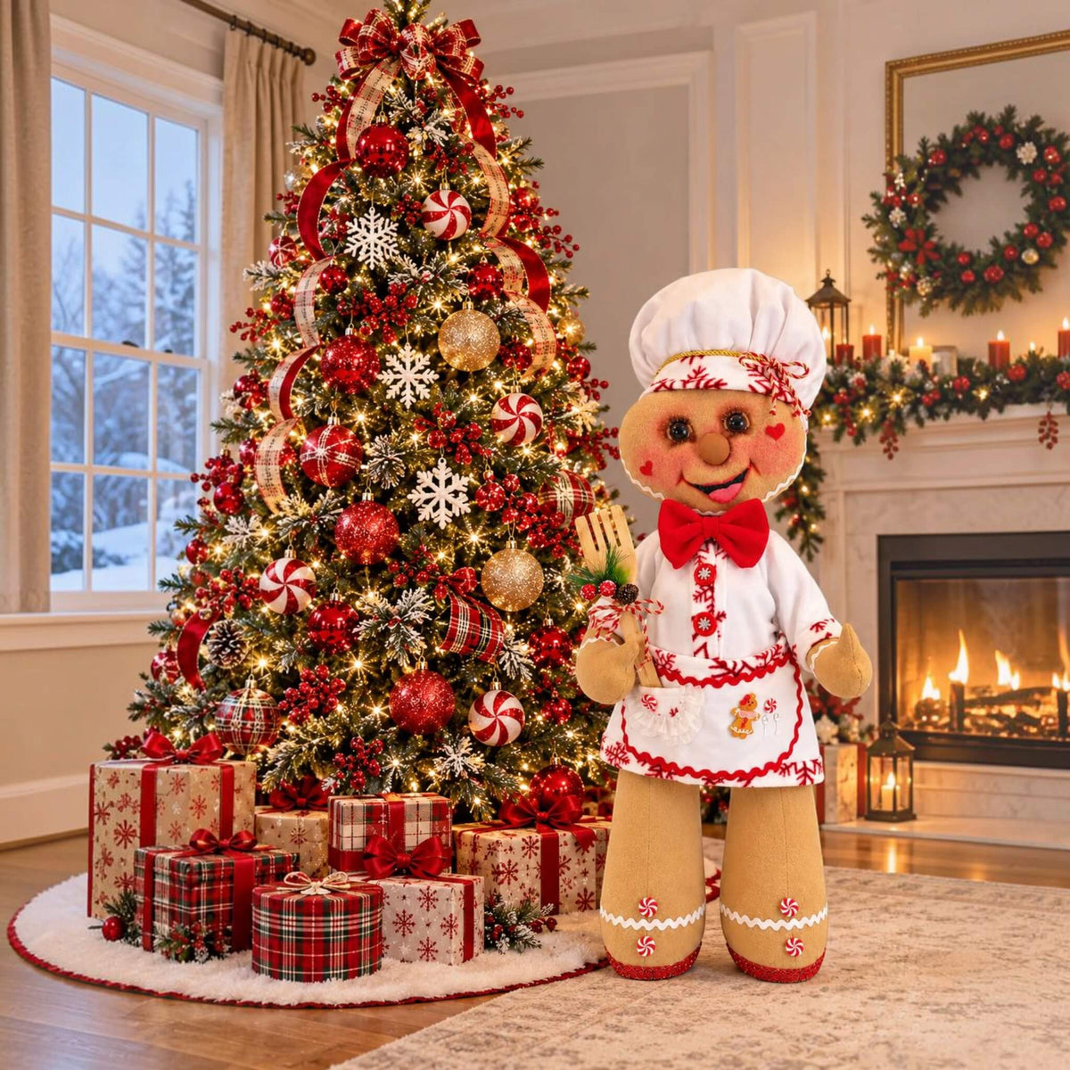 35-inch handmade Christmas Gingerbread Baker displayed beside a decorated Christmas tree and fireplace in a festive holiday living room.