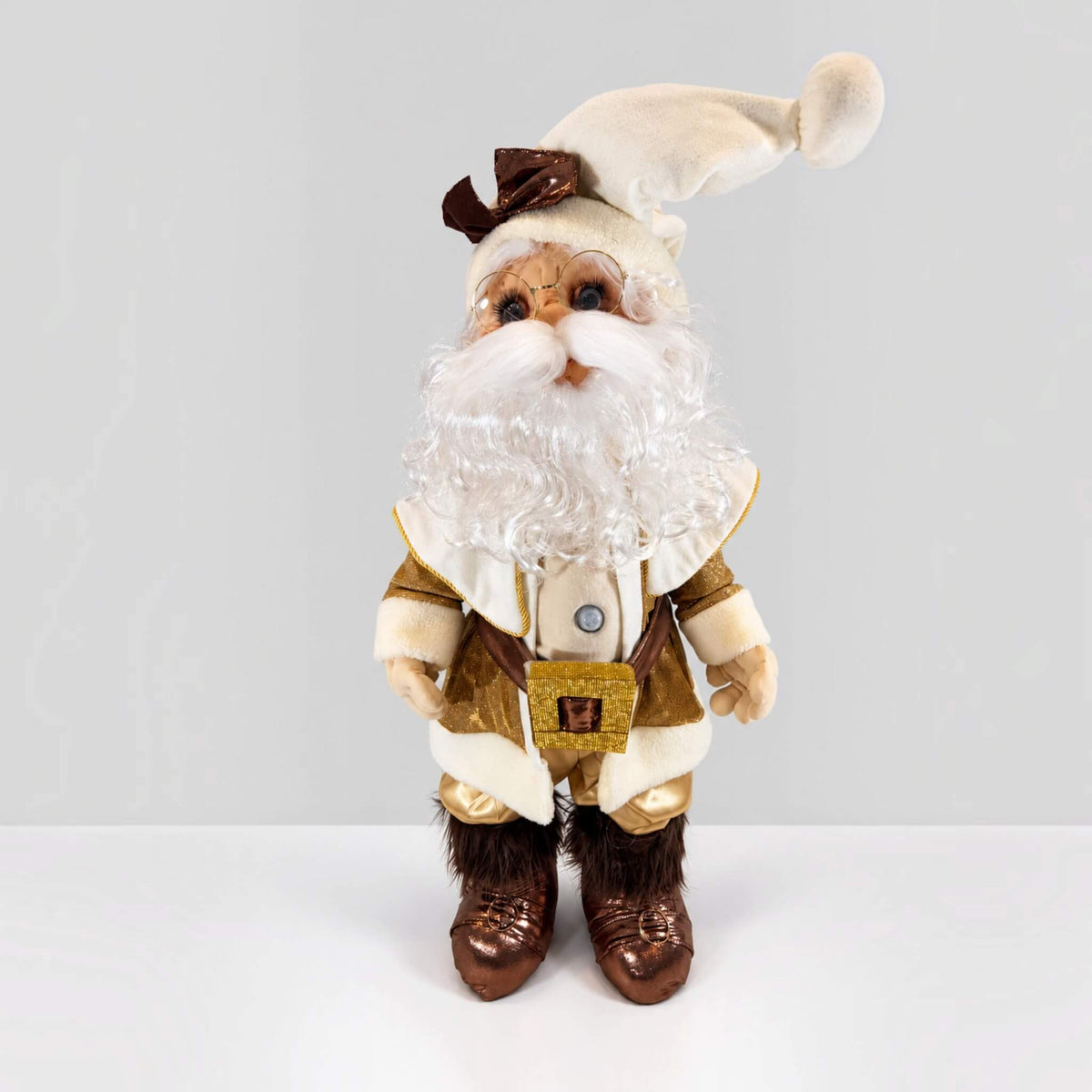 Handmade 37-inch Gold Santa Claus standing against a light gray background, wearing a gold and cream Christmas outfit, white hat, round glasses, curly white beard, and bronze boots, with a visible motion sensor on his chest.
