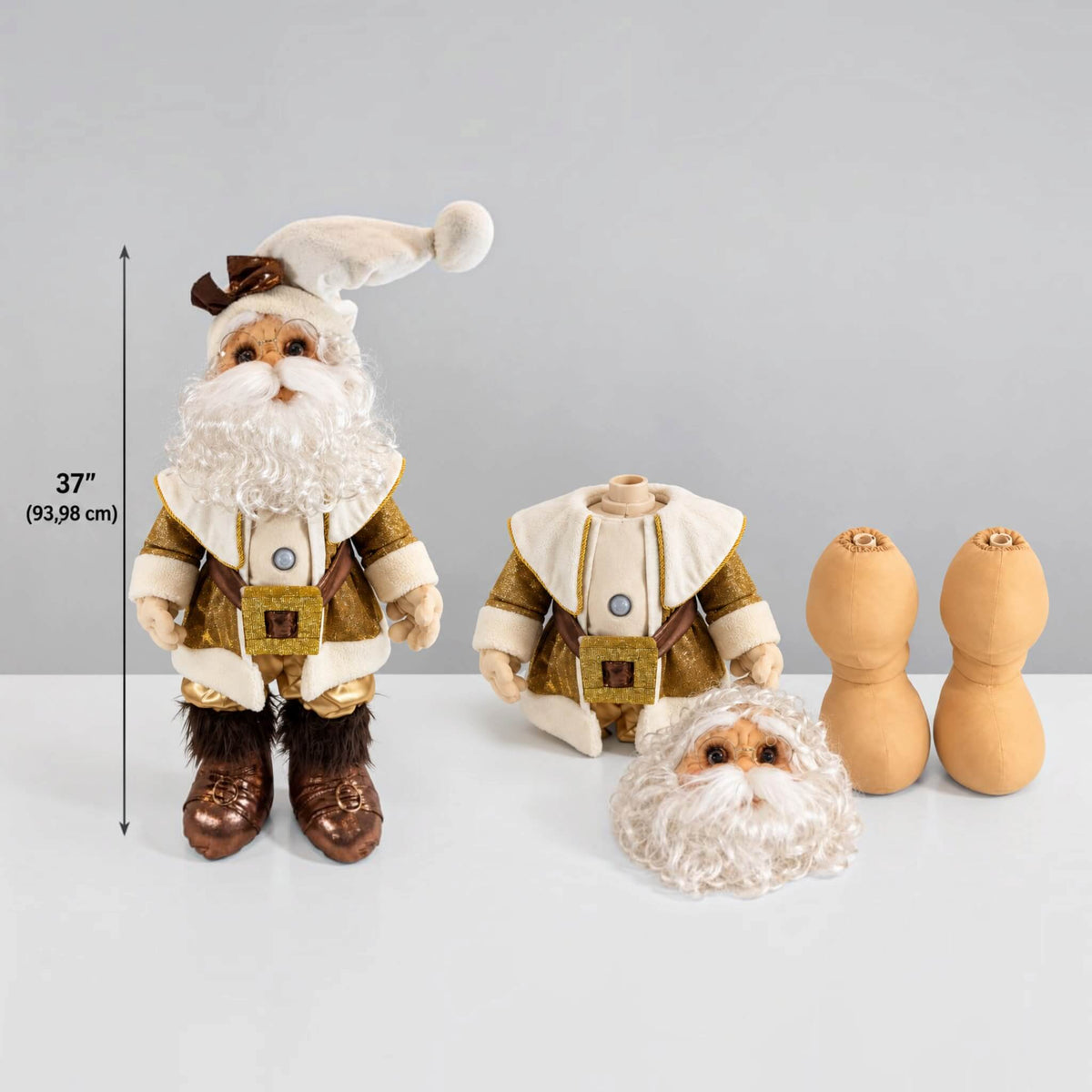 Handmade 37-inch Gold Santa Claus Christmas decoration shown fully assembled and disassembled into three removable sections: head, torso, and legs. Features a built-in motion sensor, gold and cream outfit, and compact storage design.
