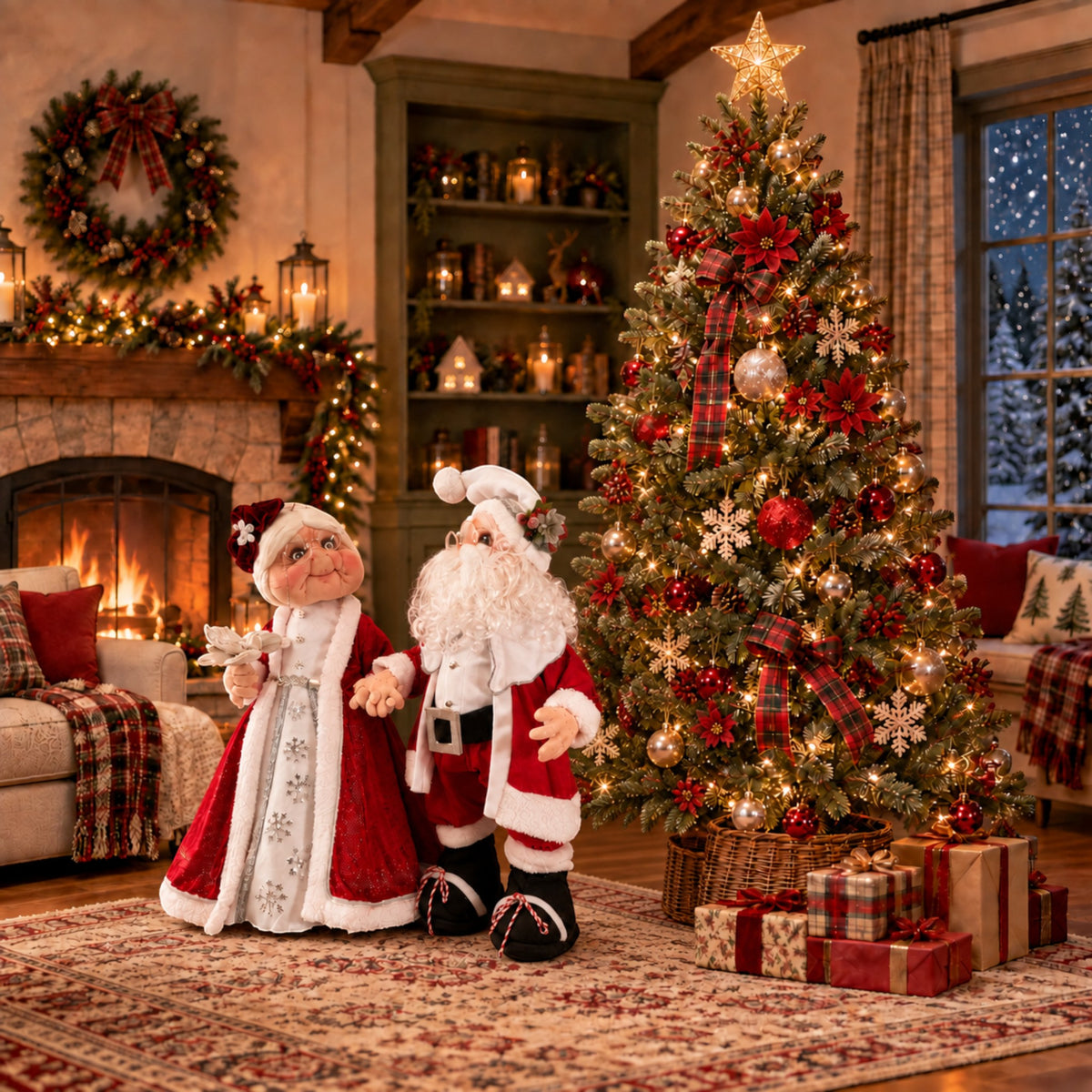 Side view of Mrs. Claus showing the shape of her red dress, white trim, and flower accessory.