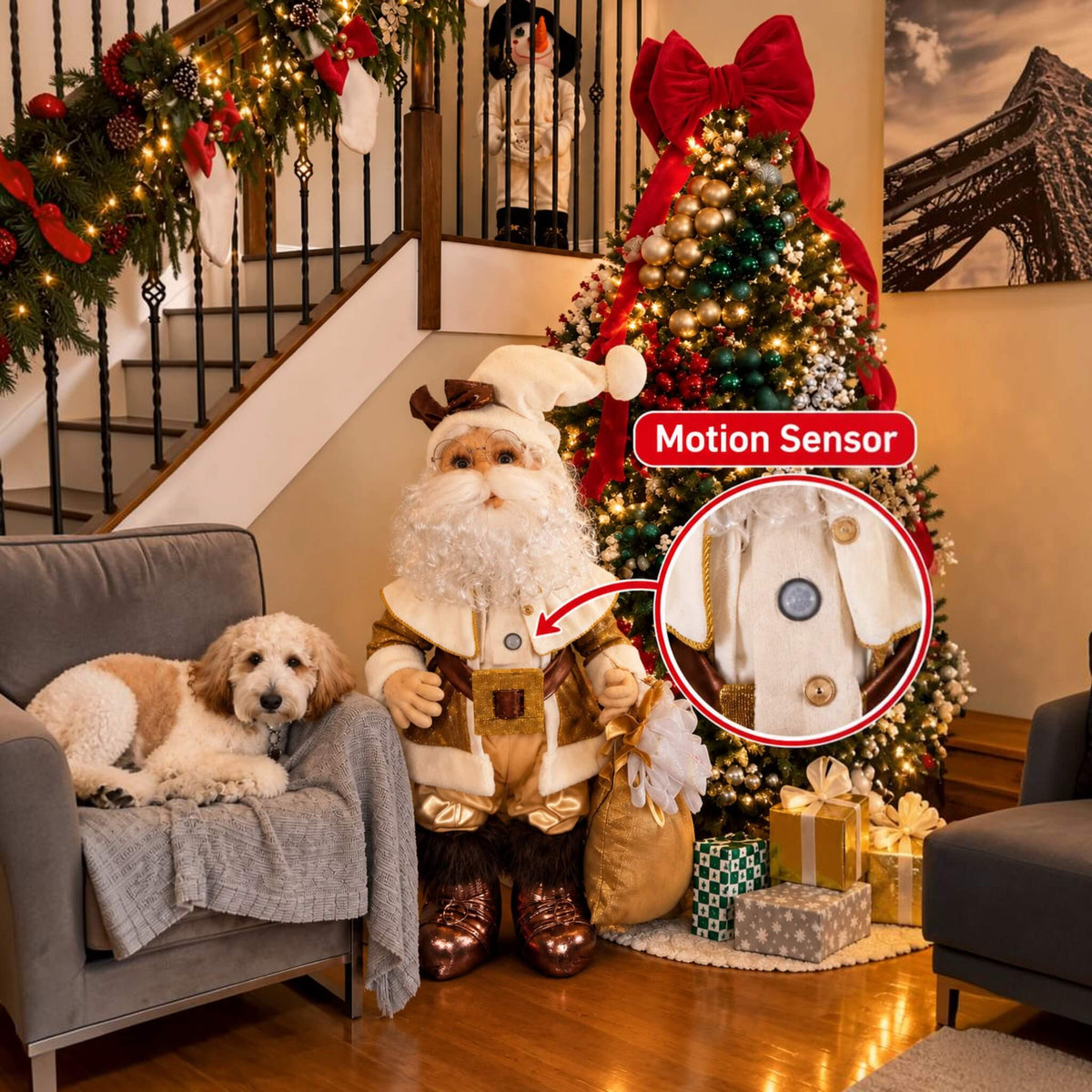 Handmade Gold Santa Claus Christmas decoration displayed beside a decorated Christmas tree, featuring a built-in motion sensor highlighted on his chest. Santa wears a gold and cream outfit with a white beard and bronze boots.