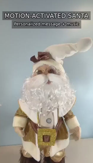 Handmade 37-inch Gold Santa Claus Christmas decoration with a motion sensor that activates music and a personalized voice message. Video demonstrates Santa singing and speaking, the built-in speaker, battery compartment, and removable head, torso, and legs for easy assembly and compact storage. Handmade in the USA by DW Craftworks.
