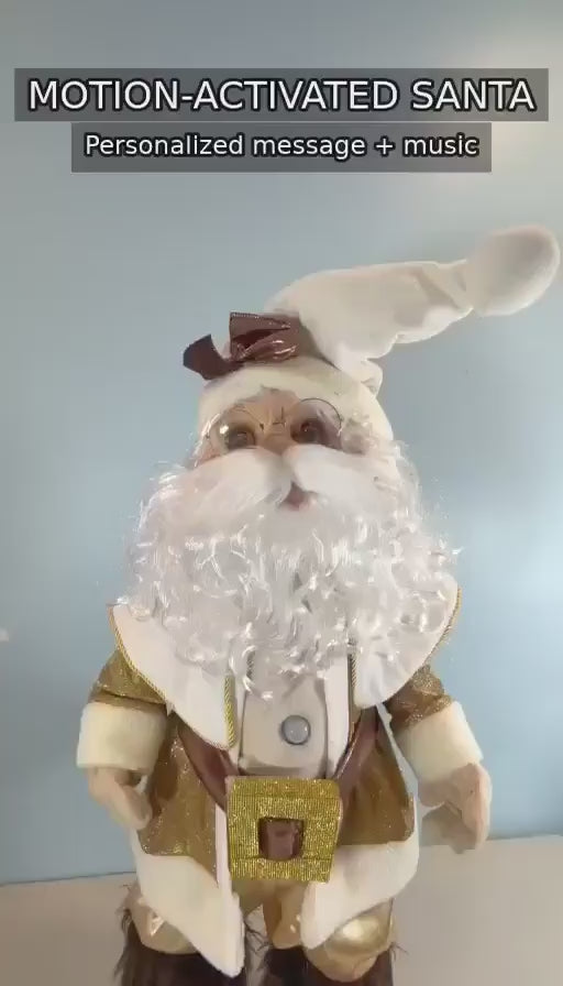 Handmade 37-inch Gold Santa Claus Christmas decoration with a motion sensor that activates music and a personalized voice message. Video demonstrates Santa singing and speaking, the built-in speaker, battery compartment, and removable head, torso, and legs for easy assembly and compact storage. Handmade in the USA by DW Craftworks.
