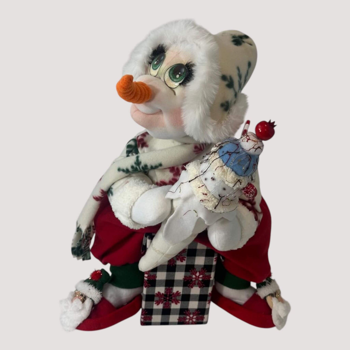 Handmade snowman with removable seat box full view winter decoration
