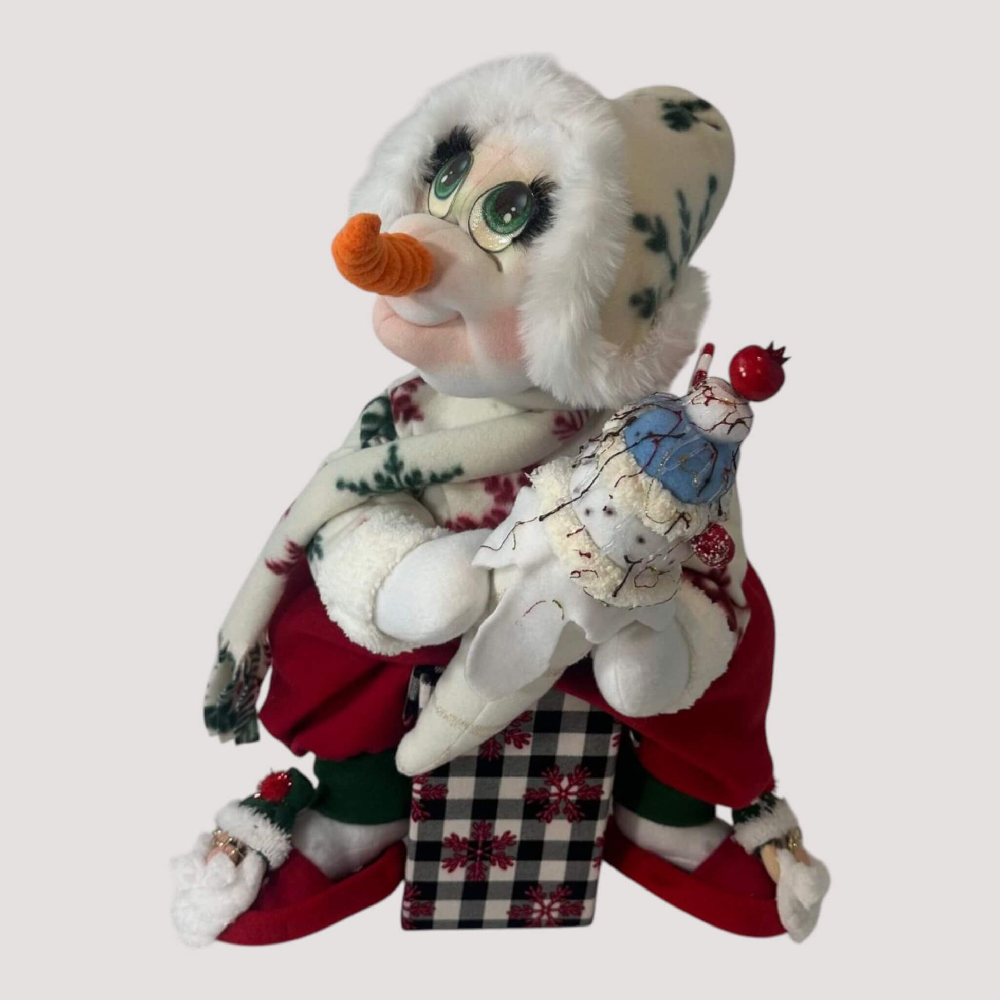 Handmade snowman with removable seat box full view winter decoration
