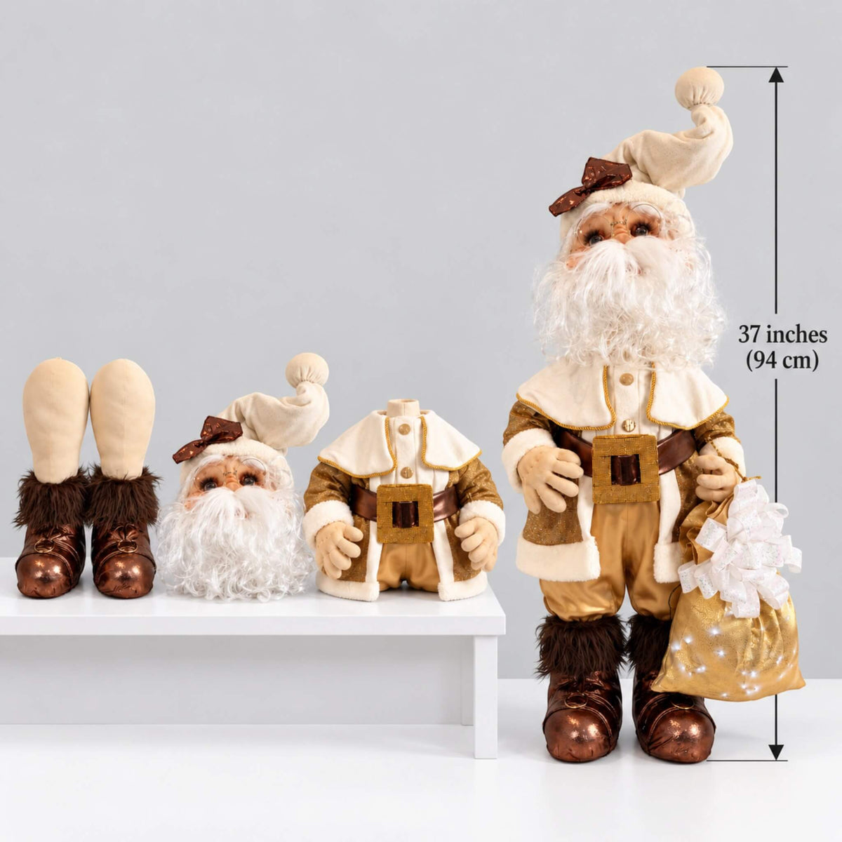 37-inch gold Santa Claus beside his removable head, torso, and legs, with a height measurement.