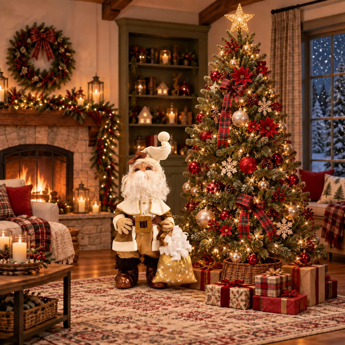 Handmade gold Santa Claus displayed beside a decorated Christmas tree in a festive living room.